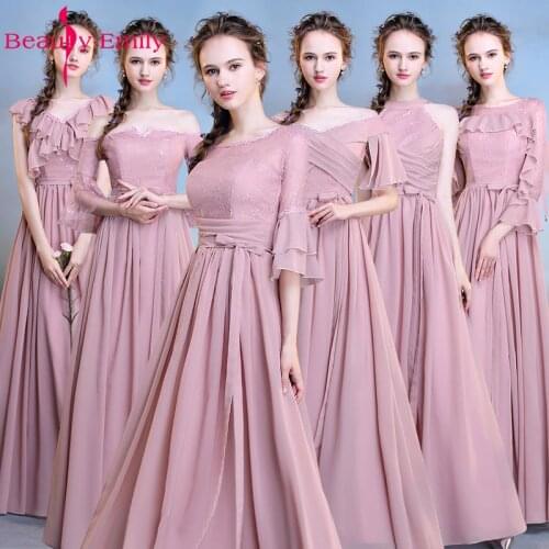 Beauty Emily Long Pink Bridesmaid Dresses 2018 A-Line Sleeveless Lace Up Off the Shoulder Wedding Party Girl Prom Dresses