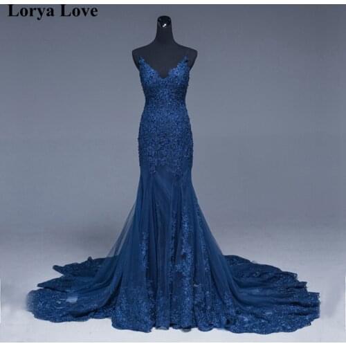 Navy Blue Elegant Formal Party Night Evening Dresses 2020 New Tulle Beading Lace Robe De Soiree Prom Gowns Women Sexy Long Gowns