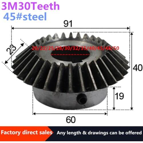 1pc Bevel Gear 3M30Teeth inner hole 20/22/25/28/30/32/35 /40/45/48/50mm gear 90 degrees meshing angle Steel Gears Screw Hole M6