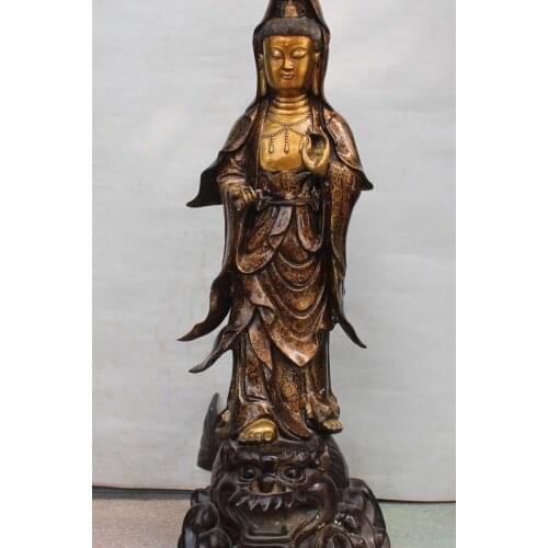 104CM Chinese Bronze Gild Stand Dragon Fish Kwan-Yin Guan Yin Bodhisattva Statue 02017