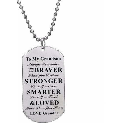 12PC/Lot Stainless Steel Dog Tag Pendant To My Grandson Always Remember You Are Braver Love Grandpa Necklace Gift Family Jewelry