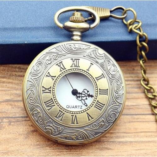 2019 Antique Vintage Bronze Roman Number Necklace Quartz Pocket Watch Chain women and men gun color poket watch birthday gift