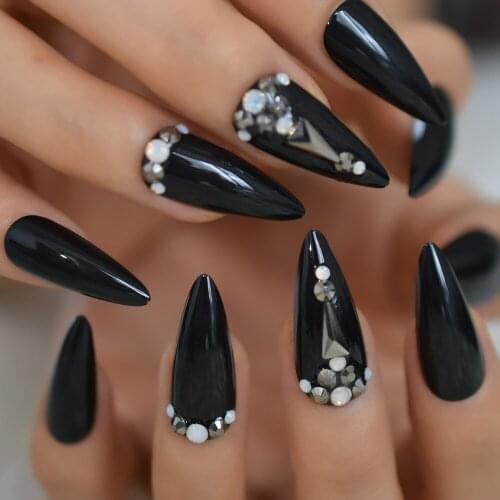 24pcs Black Reusable False Nail Pre design Gems Decorated Stiletto Press On Easy Wear Artificial Nails Art Fake Extension Tips