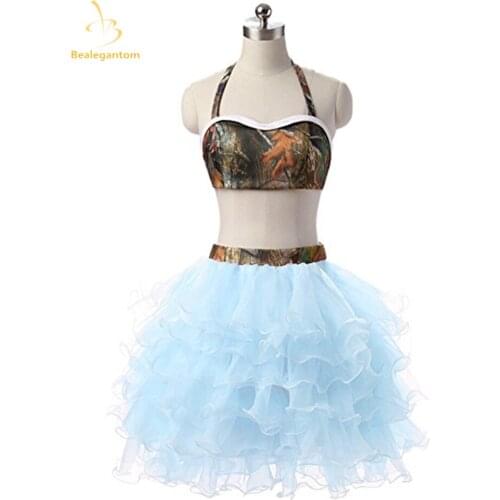 Bealegantom Halter Two Pieces Camouflage Mini Prom Dresses 2019 Satin Plus Size Camo Evening Party Gowns Vestido Robe QA1207