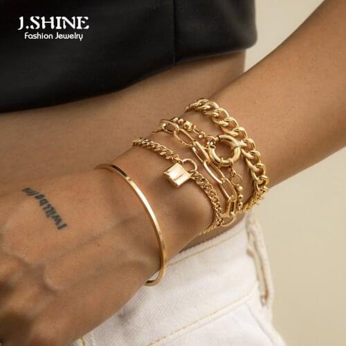 JShine 5Pcs/Set Boho Punk Cuban Chain Bracelets Set for Women Lock Link Bracelets Bangles for Women Men Fashion Wrist Jewelry