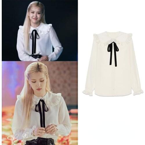 Kpop ROSE Summer Women Lace Up Cardigan White Shirts Slim Sexy Tops Buttons Blouses Long Sleeve Ruffled Wild Lady Bow-knot Tops