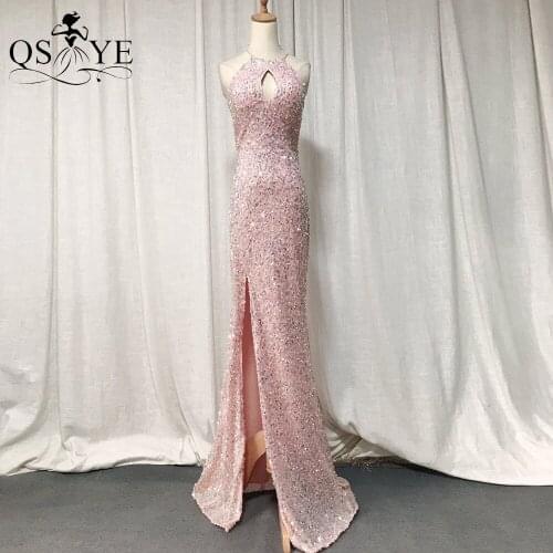 Halter Neck Pink Evening Dresses Sequin Fit Mermaid Evening Gown Shiny Split Party Dress Keyhole Formal Gown Stretch Vestido