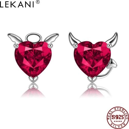 LEKANI Stud Earring For Women 925 Sterling Silver Inlay Red Cubic Zirconia Earring Devil And Angel Series True Life Fine Jewelry