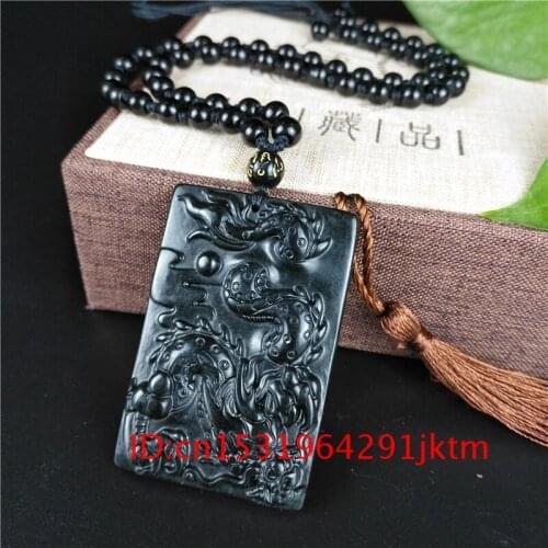 Natural Accessories Jewelry Amulet Gifts Dragon Obsidian Chinese for Men Pendant Green Necklace Charm Carved Black Jade