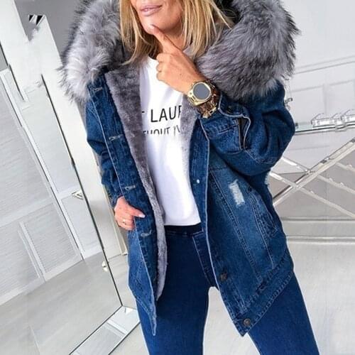 New Winter Thick Warm Denim Jackets Womens Casual Long Sleeved Fur-trimmed Collar Hood Denim Solid Color Coats Plus Size XS-5XL