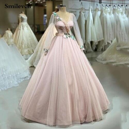 Smileven V Neck Vintage Prom Dress Ball Gowns Puff Sleeves A-Line Arabic Flowers Evening Gown Tulle Long Party Dress 2021