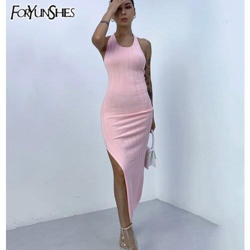 Halter Backless Midi Dress Women Sexy Ribbed Knitted Split Bodycon Dresses 2021 Summer Party Club Prom Night Best Friend Clothes