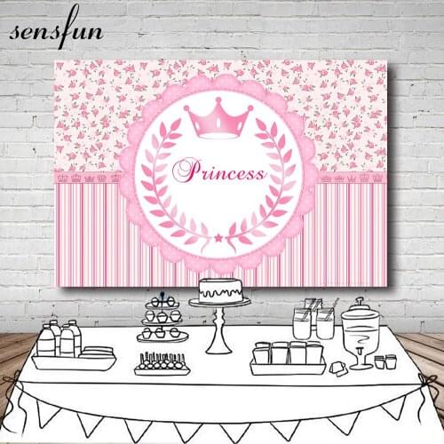Sensfun Pink Printing Striped Princess Backdrop Girls Crown Birthday Party Baby Shower Photography Backgrounds For Photo Studio