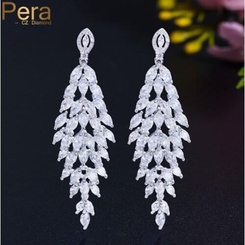 Pera Glitters White Cubic Zirconia Silver Plated Long Leaf Shape Drop Dangle Earrings for Women Fashion Jewelry Accessories E801