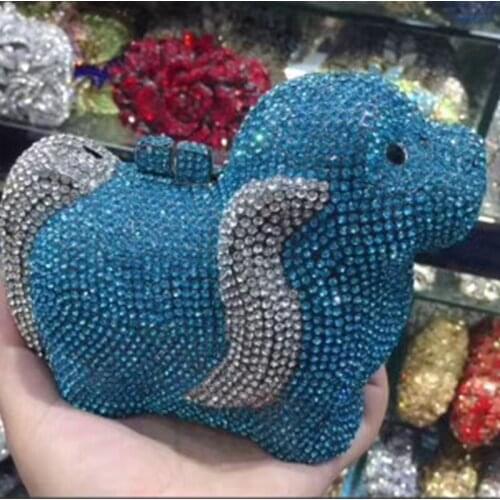 Blue Rhinestone Evening Bags Fashion For Women Crystal Handbag Diamond Lady Shoulder Chain Party Purse Mini Animal-Shaped Clutch