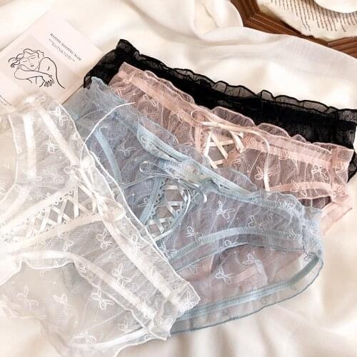 Bowknot net yarn transparent panties comfortable ruffled ribbon underpants sexy low waist briefs girly underwear breathable