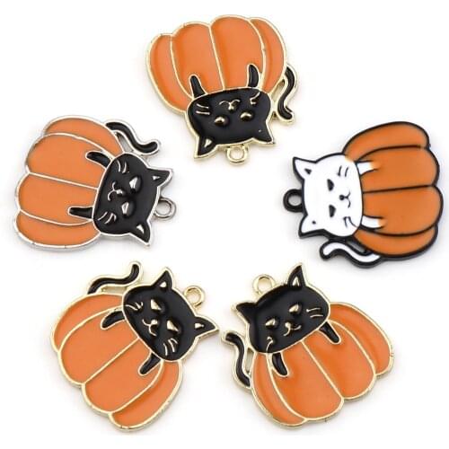 10 PCs Halloween Cat Series Charms Pendant For Necklace Making Zinc Based Alloy Animal Charms Pumpkin Enamel Pendant 21mm x 20mm