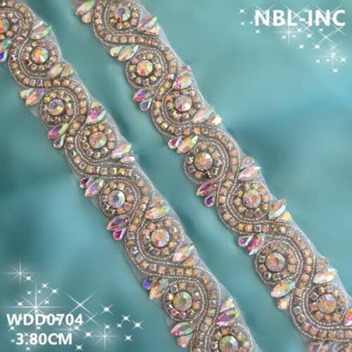 10 YARDS) Wholesale hand sewing bridal beaded AB crystal rhinestone applique trim iron on for wedding dress sash WDD0704