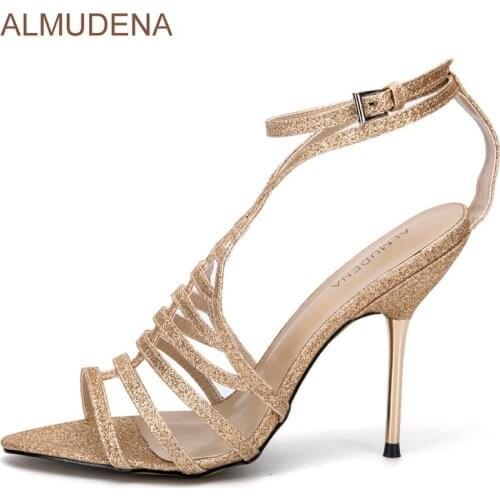ALMUDENA Light Gold Bling Bling Sequined High Heel Sandals Sexy Gold Heels Criss Cross Strappy Dress Pumps Paillette Metal Heels