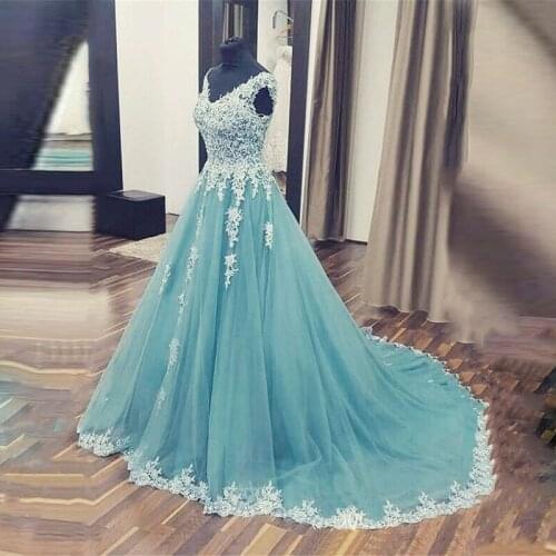 An071 Elegant Ball Gown Length Evening Dress Cap Sleeves Lace Prom Gowns V-Neck Formal Evening Gowns Noble Robe De Soiree