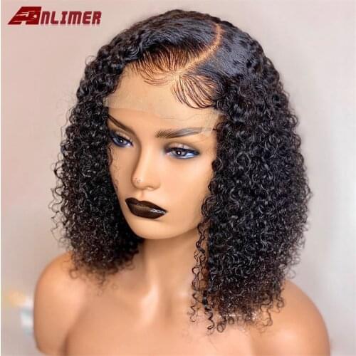 Anlimer Kinky Curly 13x4 Lace Front Wigs Human Hair Wigs With Baby Hair Kinky Curly Bob Wigs 5x5'' PU Silk Top Wig For Women