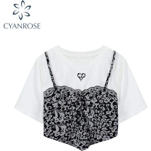 Korean Style Fake 2 piece Irregular Suspender T Shirt Women Summer 2021 Casual O Neck Short Sleeve Back Hollow Design Lady Tops