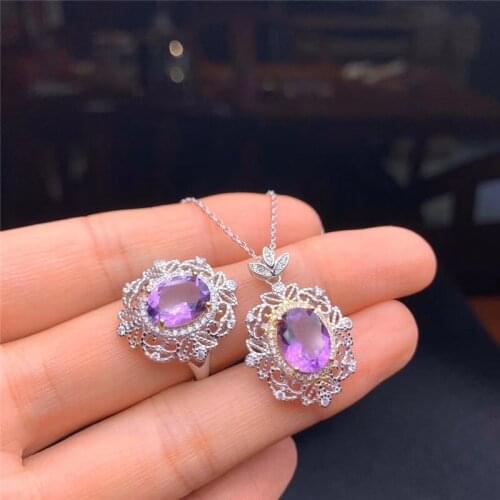 Fine Jewelry Sets For Women 100% 925 Silver Natural Amethyst Square Purple Gemstone Ring Necklace Pendant Set Accessories