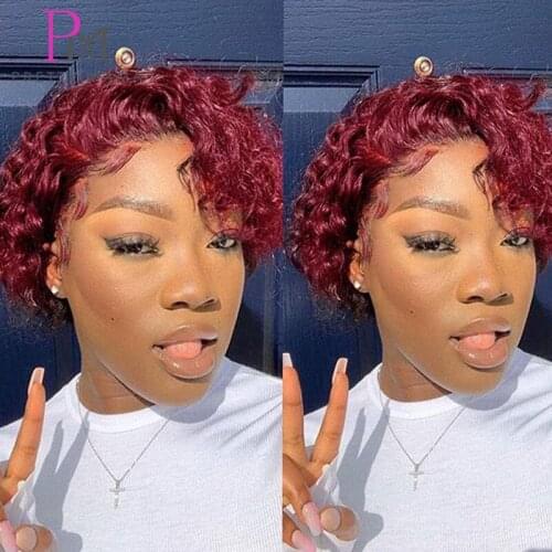 Short Bob Water Wave 13x1 T Part Lace Wigs For Black Women Non-Lace 99J Burgundy Pixie Cut Cheap Human Hair Wigs With Baby Hair