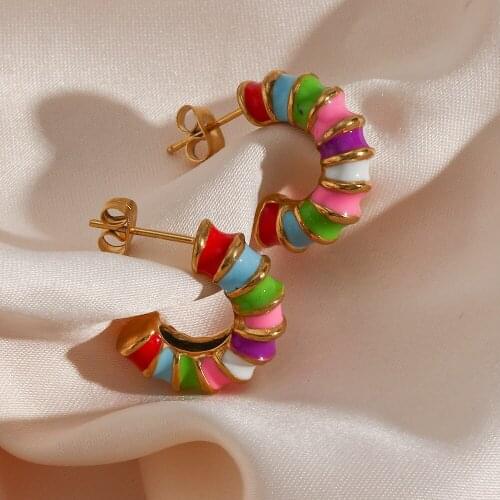 Trendy Colorful Stainless Steel Gold Plated Ear Studs C Shape Cute Earrings For Women Girls Best Gifts Party Jewelry