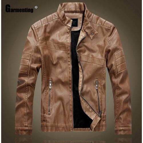 Garmenting Men Trendy 2021 Fashion Tops Faux Pu Leather Coats Autumn Zipper Pockets Mens Slim Fits Outerwear Winter Warm Jackets