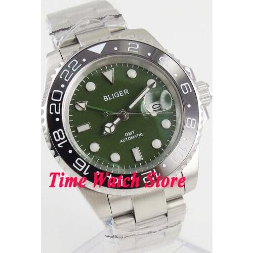 Bliger 40mm GMT green dial luminous sapphire glass black ceramic bezel Automatic Mens watch 187