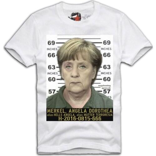 2019 New Brand Tops Angela Merkel Mutter Terroresia Fahndungsfoto Mugshot Nato Eu cool Tee Shirt