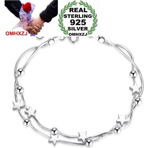 OMHXZJ Wholesale Fashion Sweet Lovely Woman Couple Girl Party Gift Beads Cube Pentagram 925 Sterling Silver Bracelet Bangle SZ92