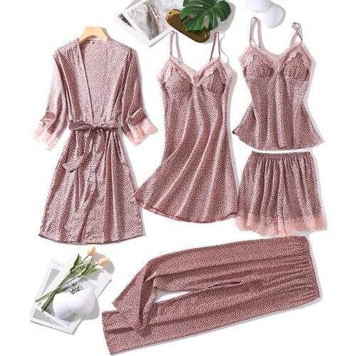 Sexy 5PCS Sleepwear Casual Women Pajamas Suit Satin Nightwear Intimate Lingerie Spring Summer New Homewear Pink Pyjamas