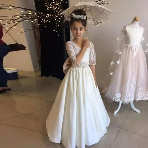 Flower Girl Dresses White lace applique half sleeve First Communion Dresses For Satin Girls Pageant Dress