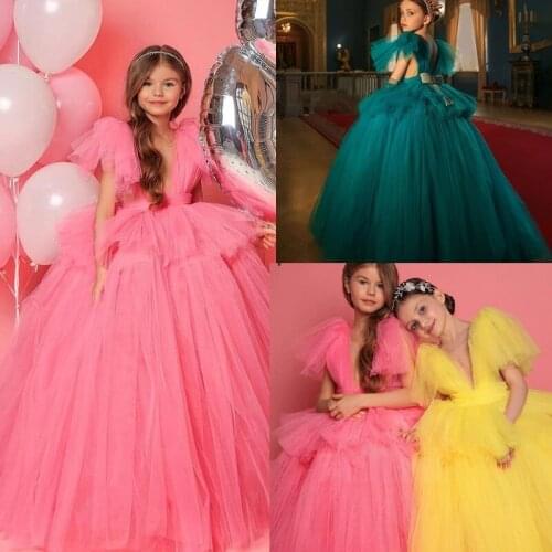 Pink Flower Girl Dresses Tulle Layers First Communion Kids Dresses Puff sleeves Bow Knot Girl Wedding Little Bride Gowns