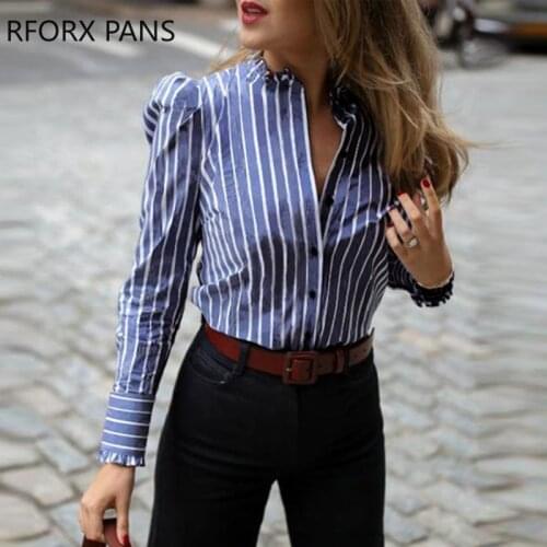 Striped Puffed Sleeve Frill Hem Casual Blouse