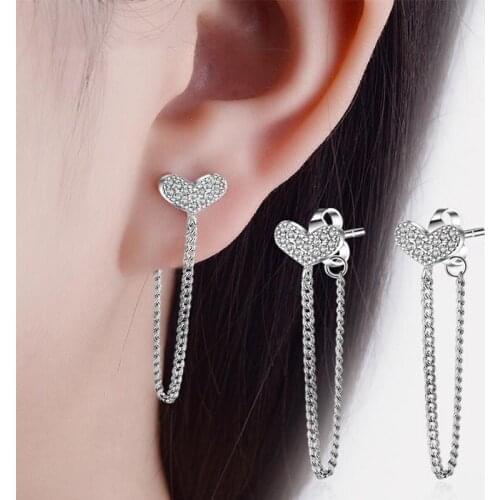 Zirconia Crystal Heart Drop Earrings for Women Rose Gold Color Long Chain Ear Wire Piercing Tassel Earring Gift For Women