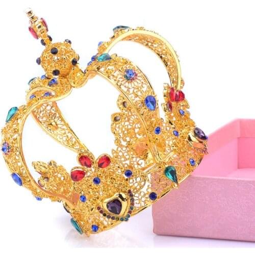 SLBRIDAL Baroque Style Luxury Colorful Rhinstone Crystal Vintage Gold Wedding Full Round Crown Alloy Bridal Tiara King Headdress