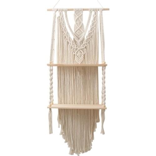 Boho Style Macrame Rope Woven Wood Shelf Tapestry With Tassel Wall Hanging Shelves Succulent Flower Pot Stand Home Decoration