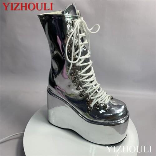 Womens wedge heel ankle boots, shiny vamp 12.5cm high heels, chunky heels and open-zip ankle boots