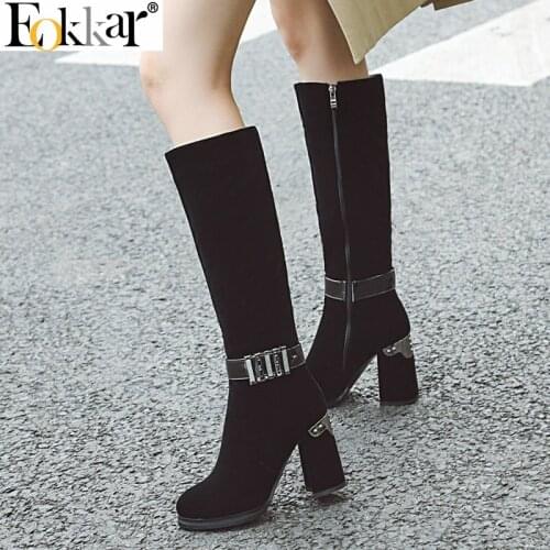 Eokkar 2020 Women Knee High Boots Round Toe Square High Heel All Match Platform Winte Rboots Wide Calf Ladies Boots Size 34-43