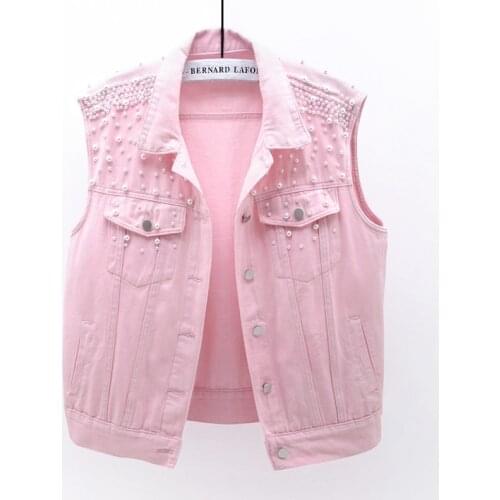Korean Fashion Denim Vest Women Beading Casual Slim Pink Purple White Waistcoat Sleeveless Jacket Coat Short Jeans Vests Female