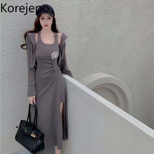 Korejepo Women 2 Piece Set 2021 Autumn New Vest Suspender Dress Female Slimming Casual A-line High Waist Long Dress Temperament