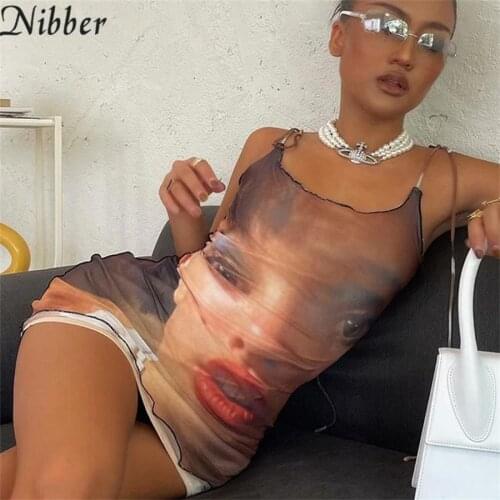 Nibber Face Character Printing Slip Backless Woman Mini Dress Backless Bodycon Sexy Party Elegant Club Vacation Slim Y2K