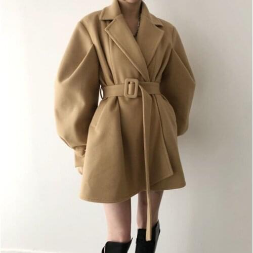 Vintagetemperament Lapel Bubble Sleeve Wool Coat Women Belt Collect Waist Thicken Warm Woolen Coats Abrigos Mujer Invierno 2020
