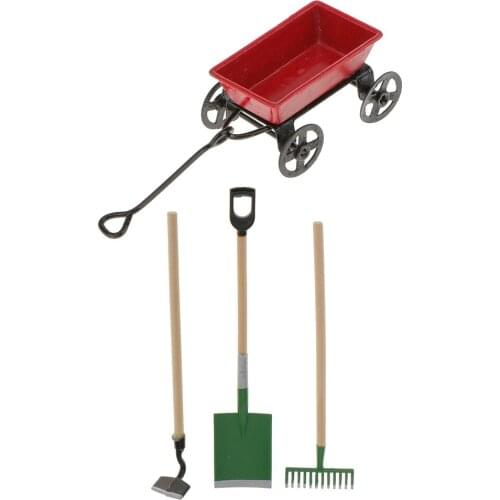 1/12 Dollhouse Miniature Metal Red Pulling Cart with Green Shovel Hoe Rake Tool Set for Fairy Garden Decor