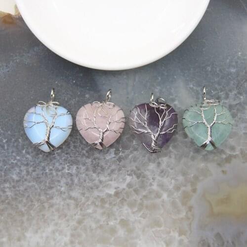 1pcs Natural Rose Quartzs Amethysts Love Heart Shape Tree of Life Pendants Fluorite Opal Stone Necklace DIY Jewelry Accessories