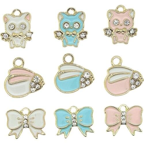 10pcs/lot Inlaid Rhinestone Cute Cat Rabbit Bow Metal Enamel Charms For DIY Jewelry Accessories Keychain Crafts Findings