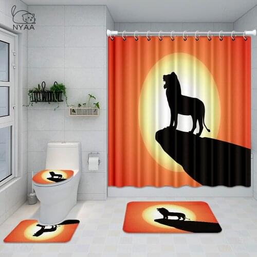 180x180cm Shower Curtain Bath Mat Set LIion Style Bathroom Set Polyester Bath Curtain Bathroom Pedestal Toilet Seat Floor Mat